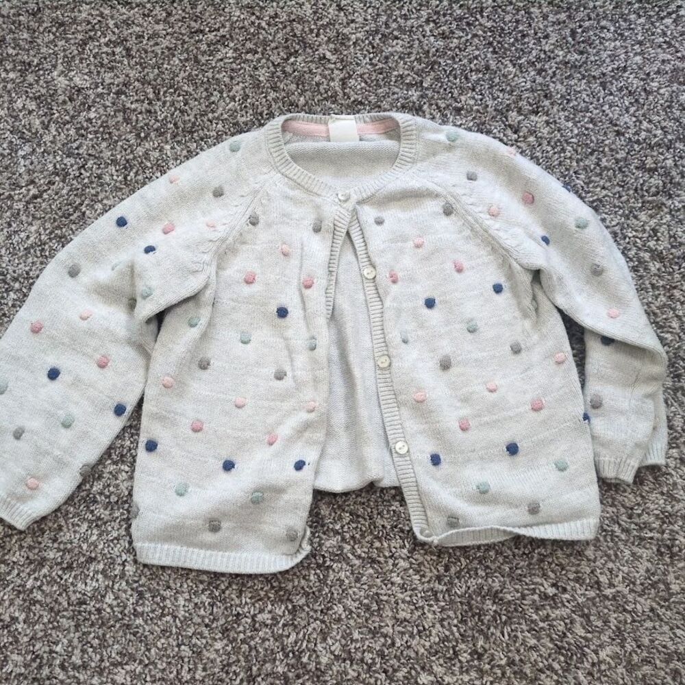 H&M Button Front Cardigan Girls (Size 12-18 Months) Gray Pom Pom Polka Dot Baby